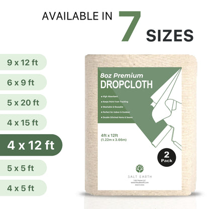 Canvas Drop Cloth Salt Earth Pack of 2 Reusable Cloth for Outdoor & Indoor,100% Recycled Cotton Nature Friendly, All purpose Washable Cotton Canvas Cover for Painter Floor & Furniture Protection(4x12)