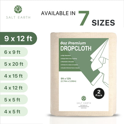 Canvas Drop Cloth Salt Earth Pack of 2 Reusable Cloth for Outdoor & Indoor,100% Recycled Cotton Nature Friendly, All purpose Washable Cotton Canvas Cover for Painter Floor & Furniture Protection(4x12)