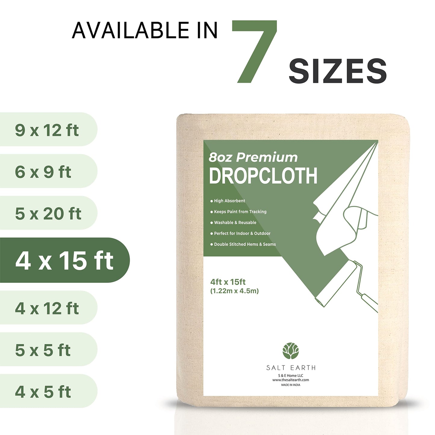 Canvas Drop Cloth Salt Earth Pack of 2 Reusable Cloth for Outdoor & Indoor,100% Recycled Cotton Nature Friendly, All purpose Washable Cotton Canvas Cover for Painter Floor & Furniture Protection(4x12)