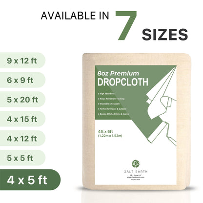 Canvas Drop Cloth Salt Earth Pack of 2 Reusable Cloth for Outdoor & Indoor,100% Recycled Cotton Nature Friendly, All purpose Washable Cotton Canvas Cover for Painter Floor & Furniture Protection(4x12)