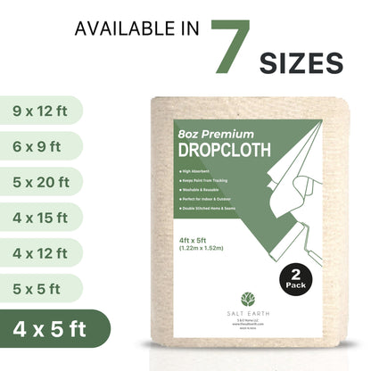 Canvas Drop Cloth Salt Earth Pack of 2 Reusable Cloth for Outdoor & Indoor,100% Recycled Cotton Nature Friendly, All purpose Washable Cotton Canvas Cover for Painter Floor & Furniture Protection(4x12)