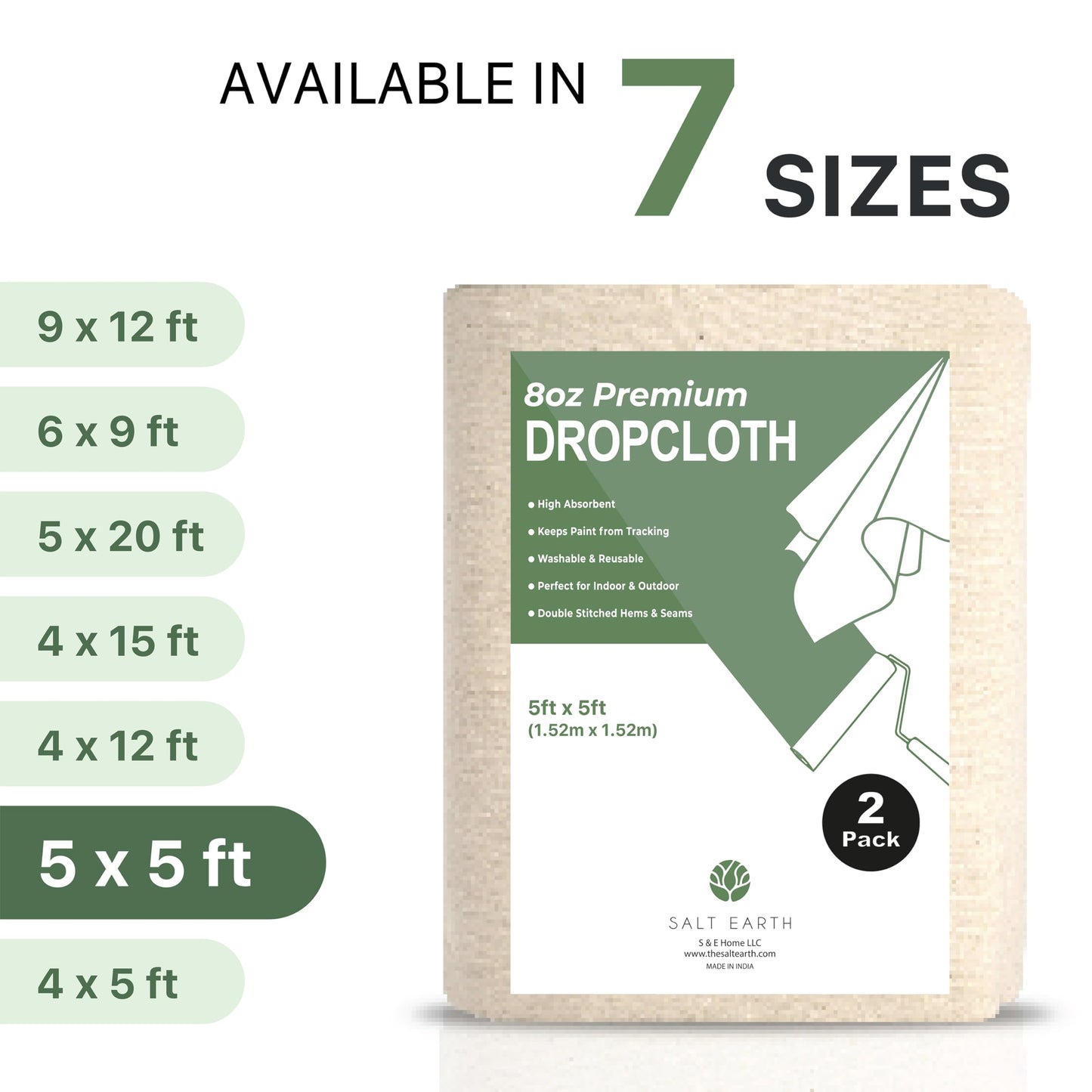 Canvas Drop Cloth Salt Earth Pack of 2 Reusable Cloth for Outdoor & Indoor,100% Recycled Cotton Nature Friendly, All purpose Washable Cotton Canvas Cover for Painter Floor & Furniture Protection(4x12)